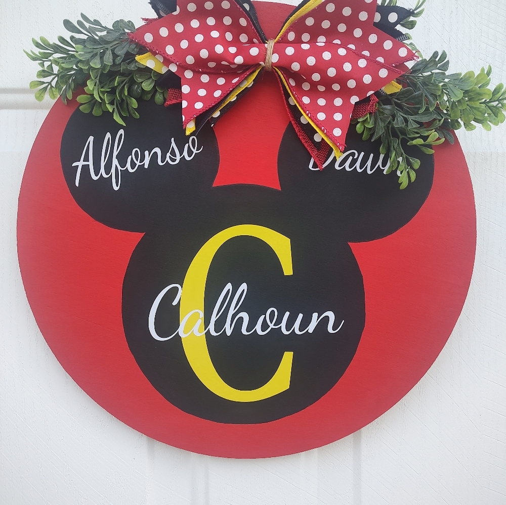 14in Personalized Mickey Mouse Wooden Farmhouse Door Hanger Sign with Greenery - Picture 6 of 6